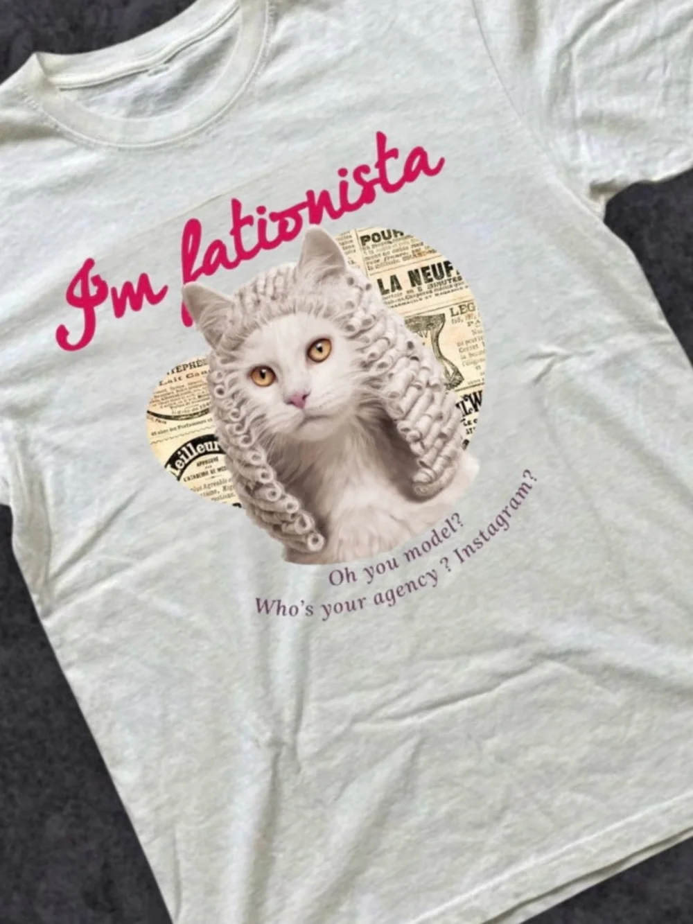 Gildan White Tee with Pink Script & Cat Graphic